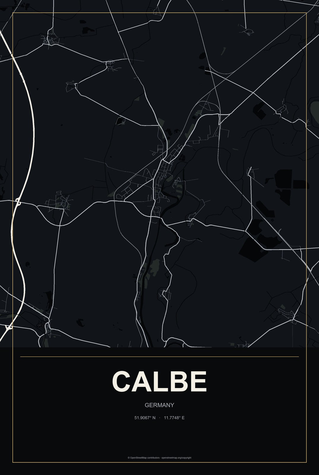 Calbe, Germany City Map Aluminum Sign in Metropolitan Noir style