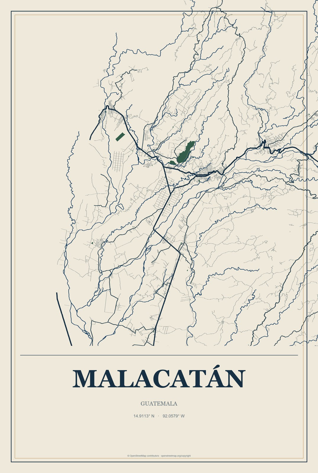 Malacatán, Guatemala City Map Aluminum Sign in Coastal Cutout style