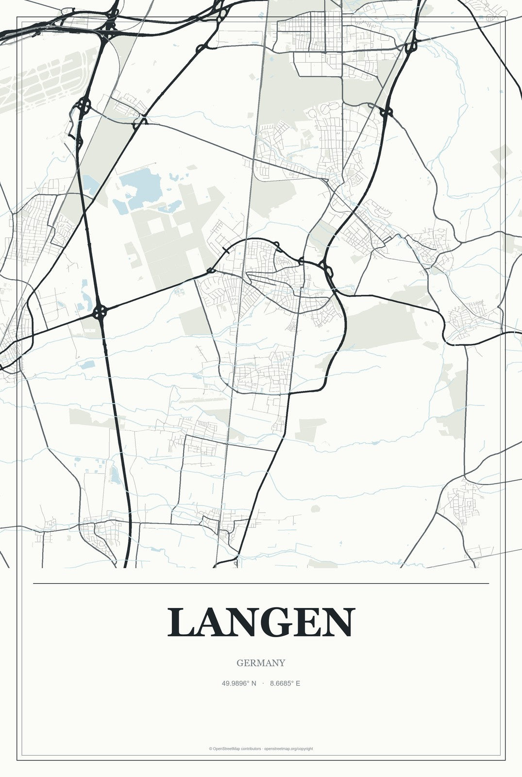 Langen, Hesse, Germany City Map Aluminum Sign in Gallery Air style