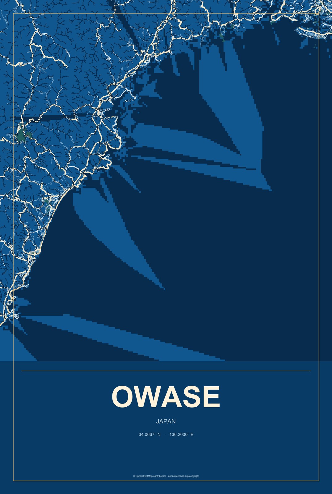Owase, Japan City Map Aluminum Sign in Harbor Cobalt style
