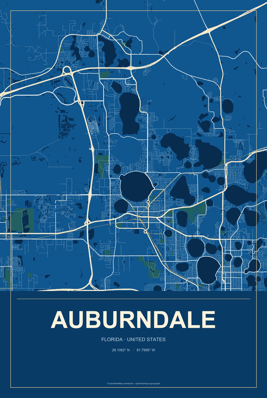 Auburndale, Florida City Map Aluminum Sign in Harbor Cobalt style