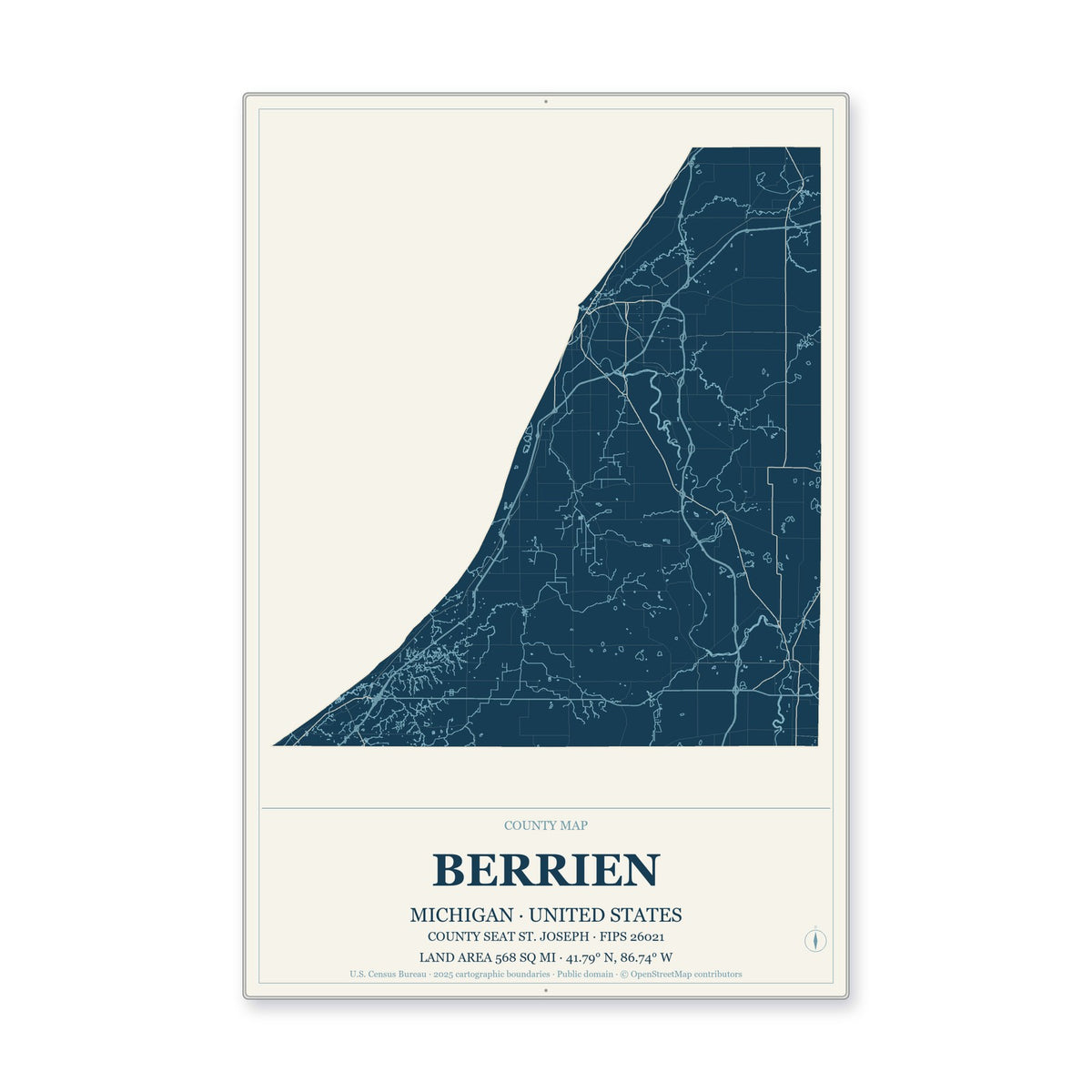 Berrien County, Michigan Map Aluminum Sign in Coastal Cutout style
