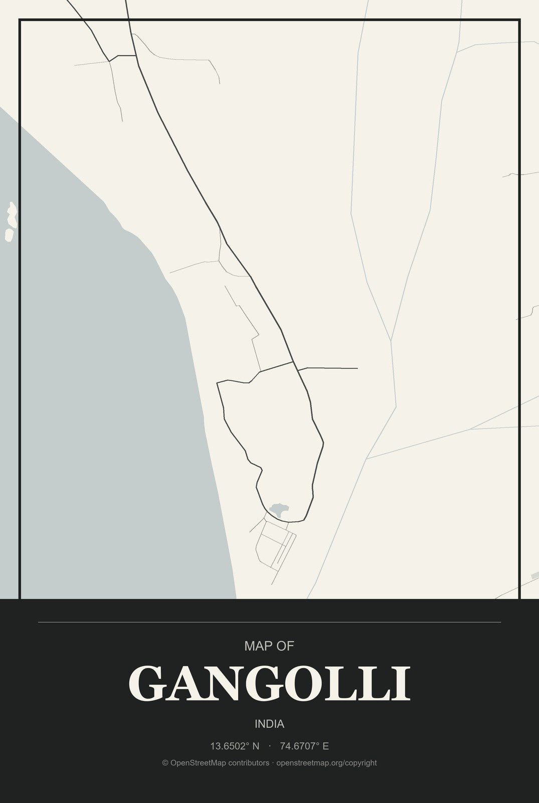 Gangolli, India City Map Aluminum Sign in Museum Plaque style