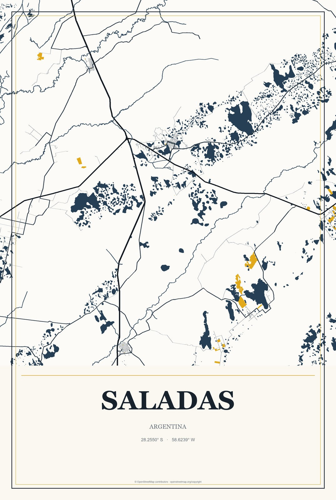 Saladas, Argentina City Map Aluminum Sign in Citrine Modern style