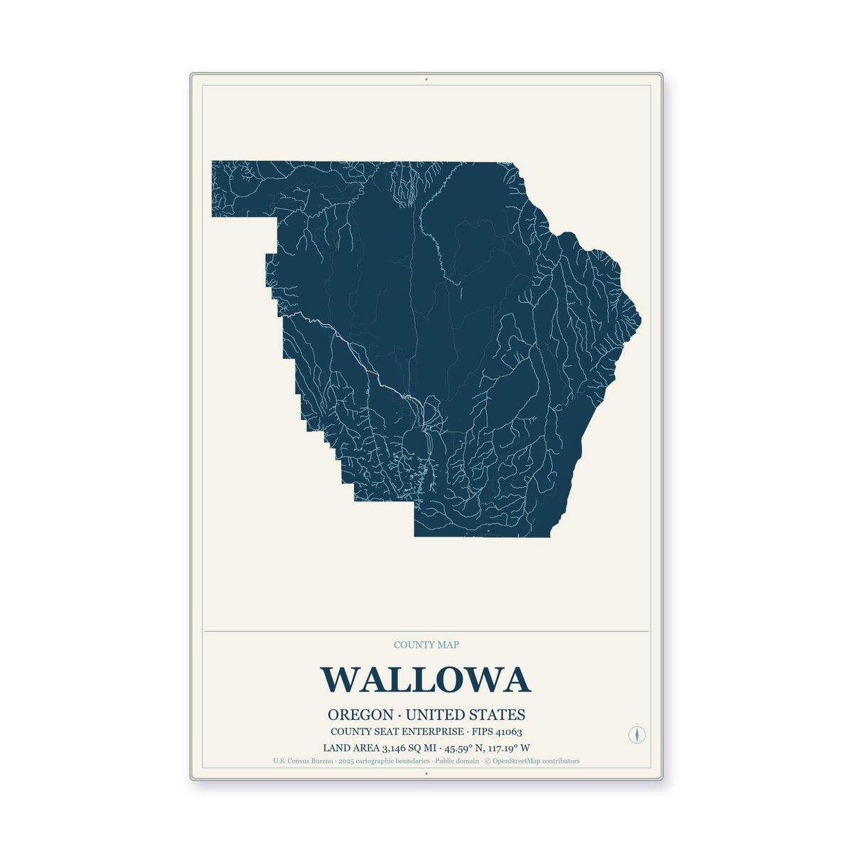Wallowa County, Oregon Map Aluminum Sign in Coastal Cutout style