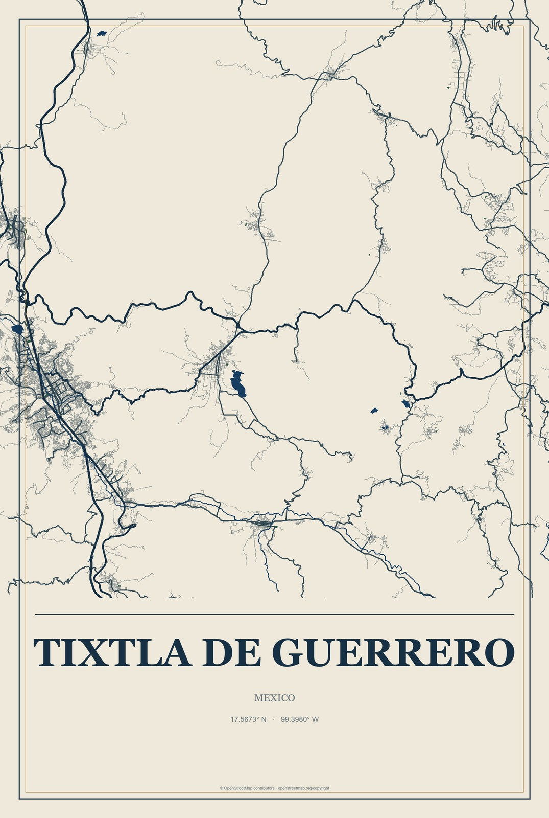 Tixtla de Guerrero, Mexico City Map Aluminum Sign in Coastal Cutout style