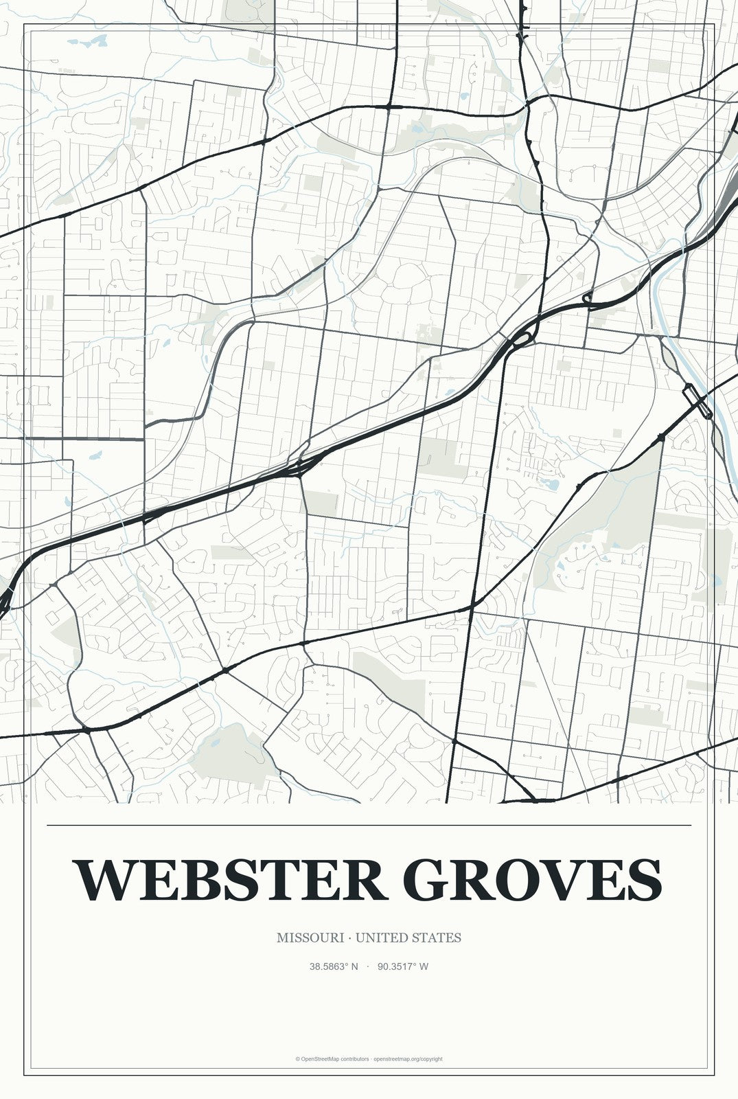 Webster Groves, Missouri City Map Aluminum Sign in Gallery Air style