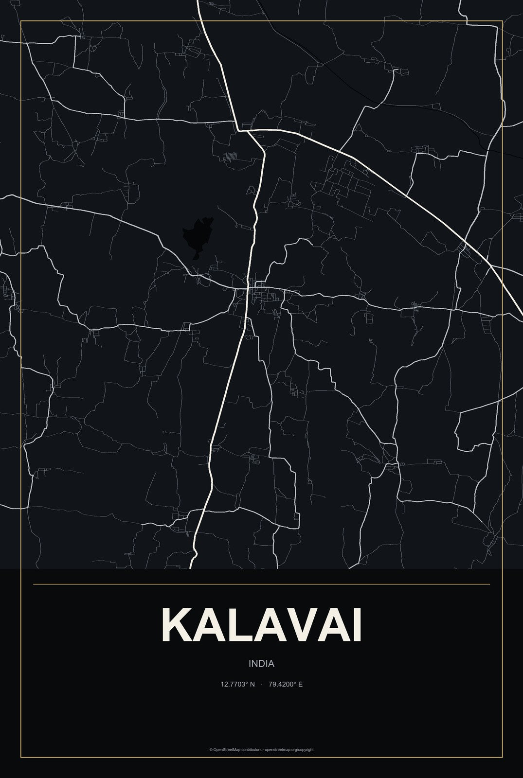 Kalavai, India City Map Aluminum Sign in Metropolitan Noir style