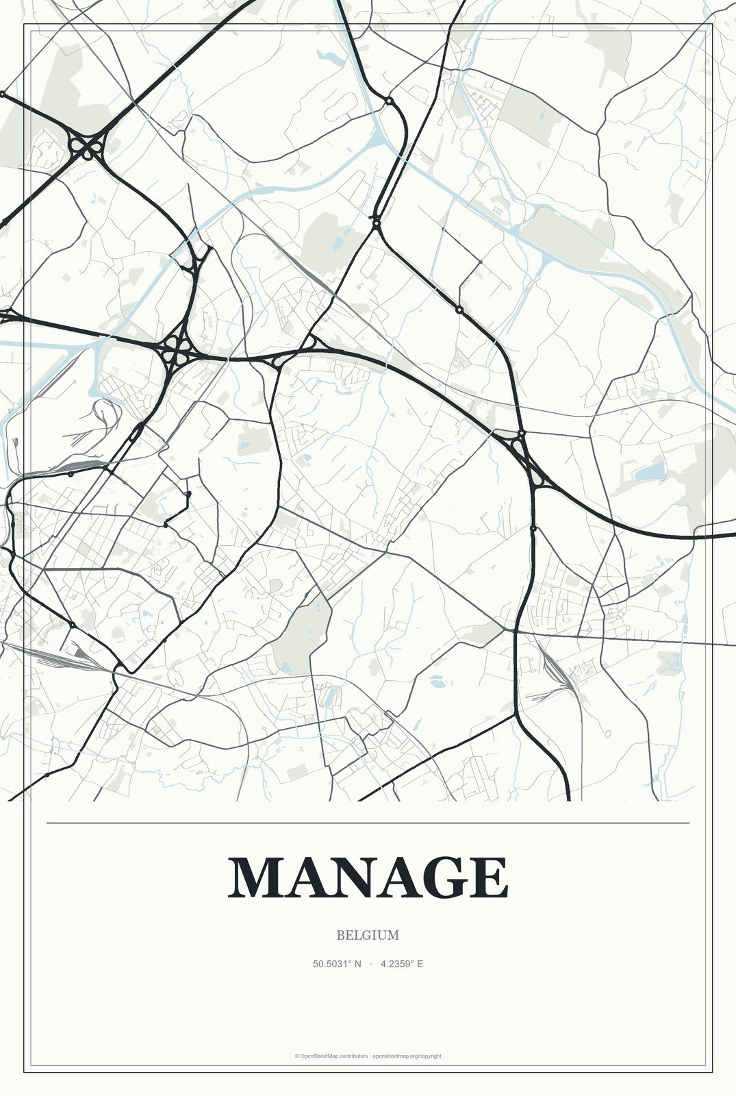 Manage, Belgium City Map Aluminum Sign in Gallery Air style