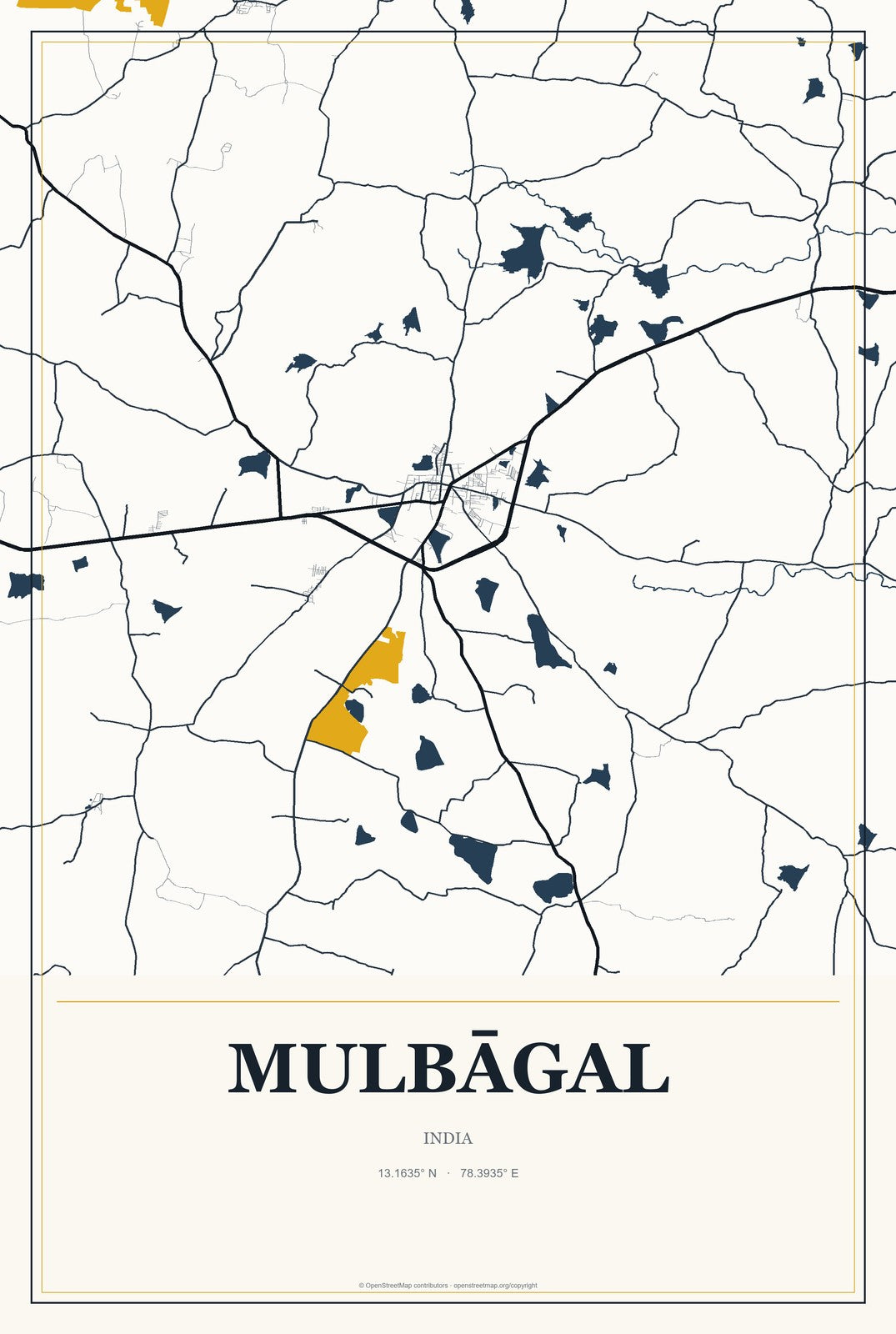 Mulbāgal, India City Map Aluminum Sign in Citrine Modern style