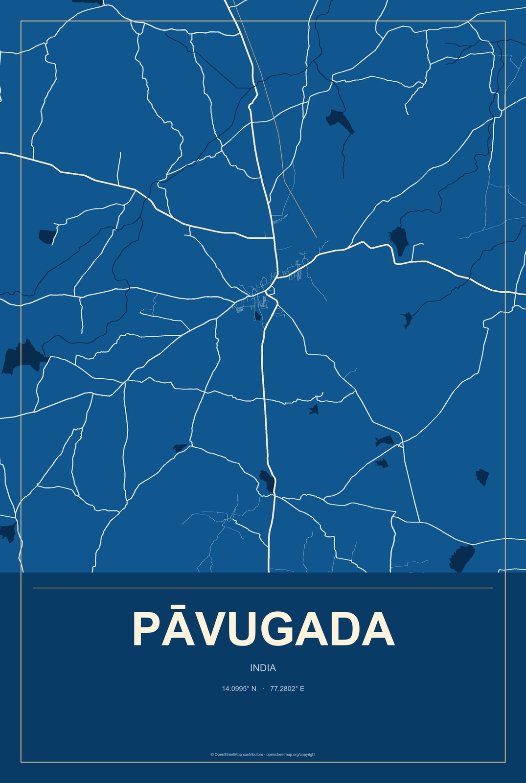 Pāvugada, India City Map Aluminum Sign in Harbor Cobalt style