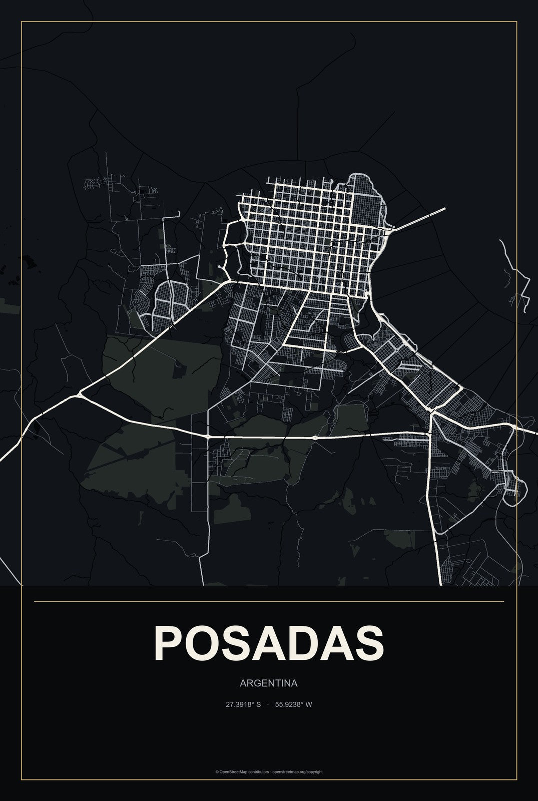 Posadas, Argentina City Map Aluminum Sign in Metropolitan Noir style