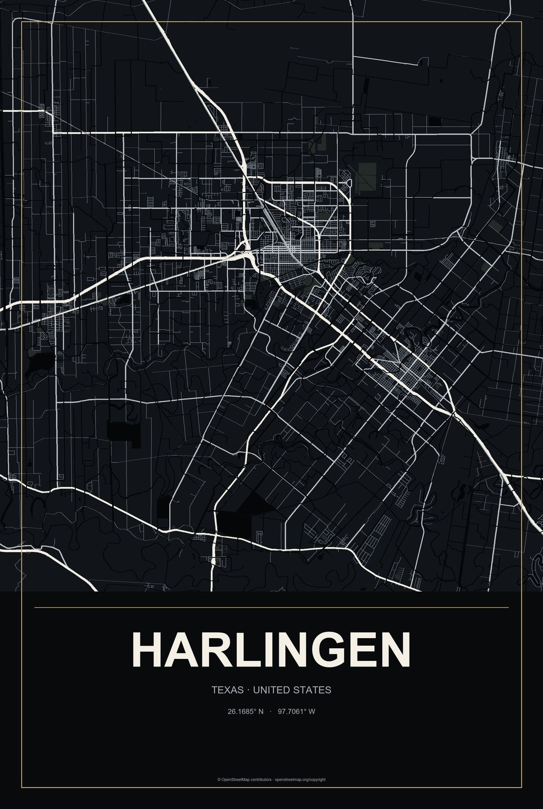 Harlingen, Texas City Map Aluminum Sign in Metropolitan Noir style