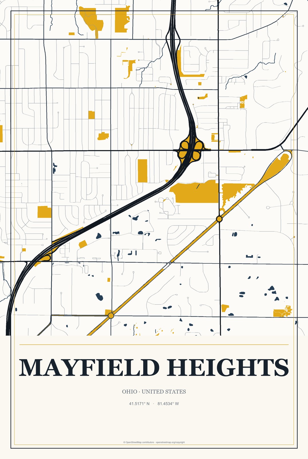 Mayfield Heights, Ohio City Map Aluminum Sign in Citrine Modern style