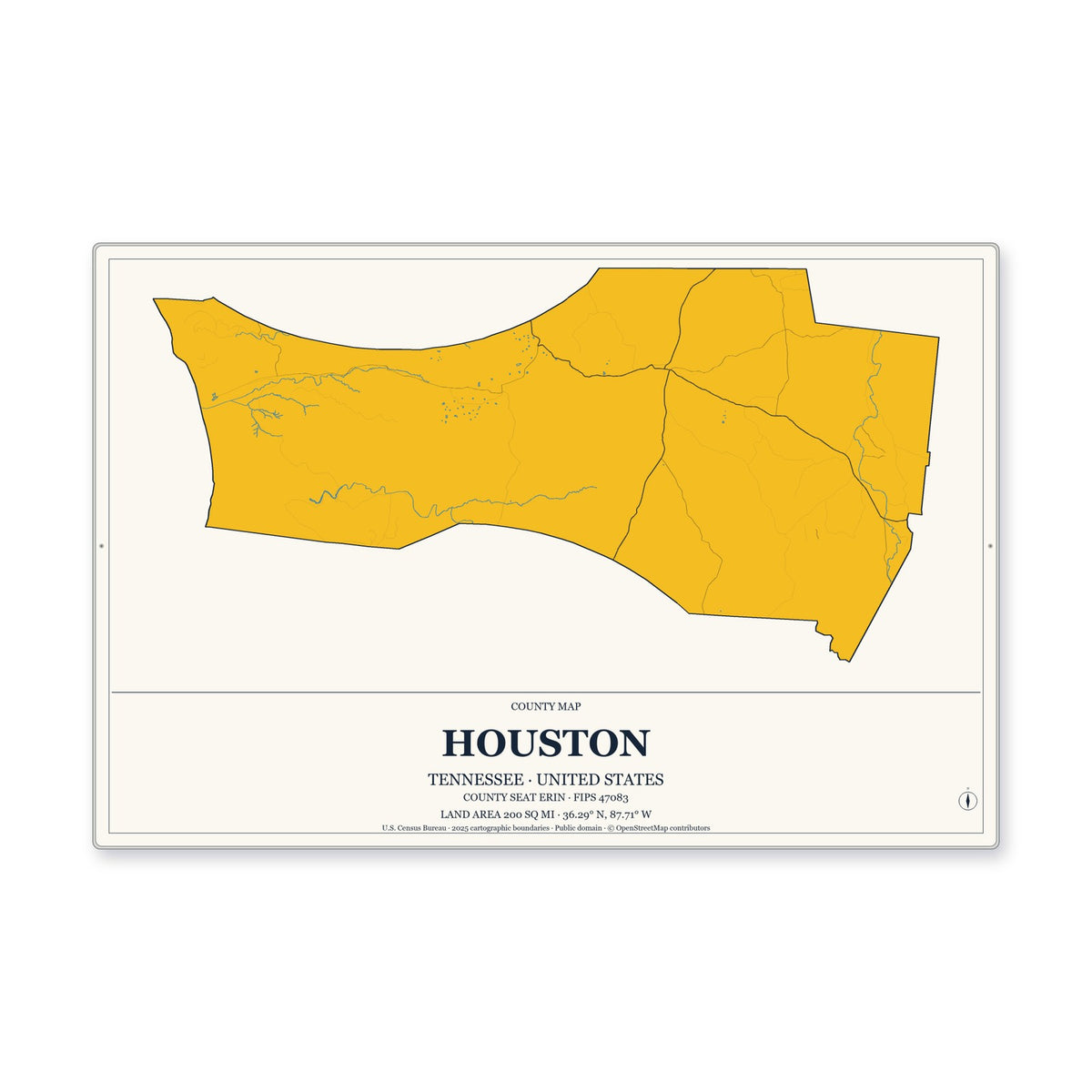 Houston County, Tennessee Map Aluminum Sign in Citrine Modern style