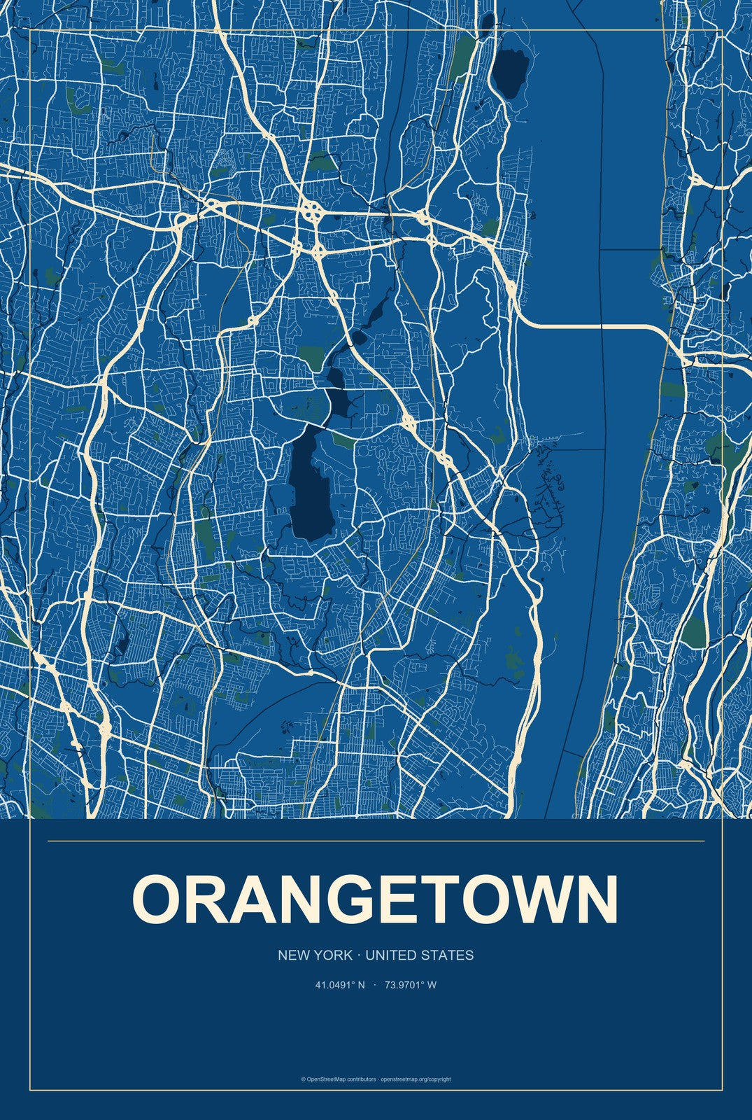 Orangetown, New York City Map Aluminum Sign in Harbor Cobalt style