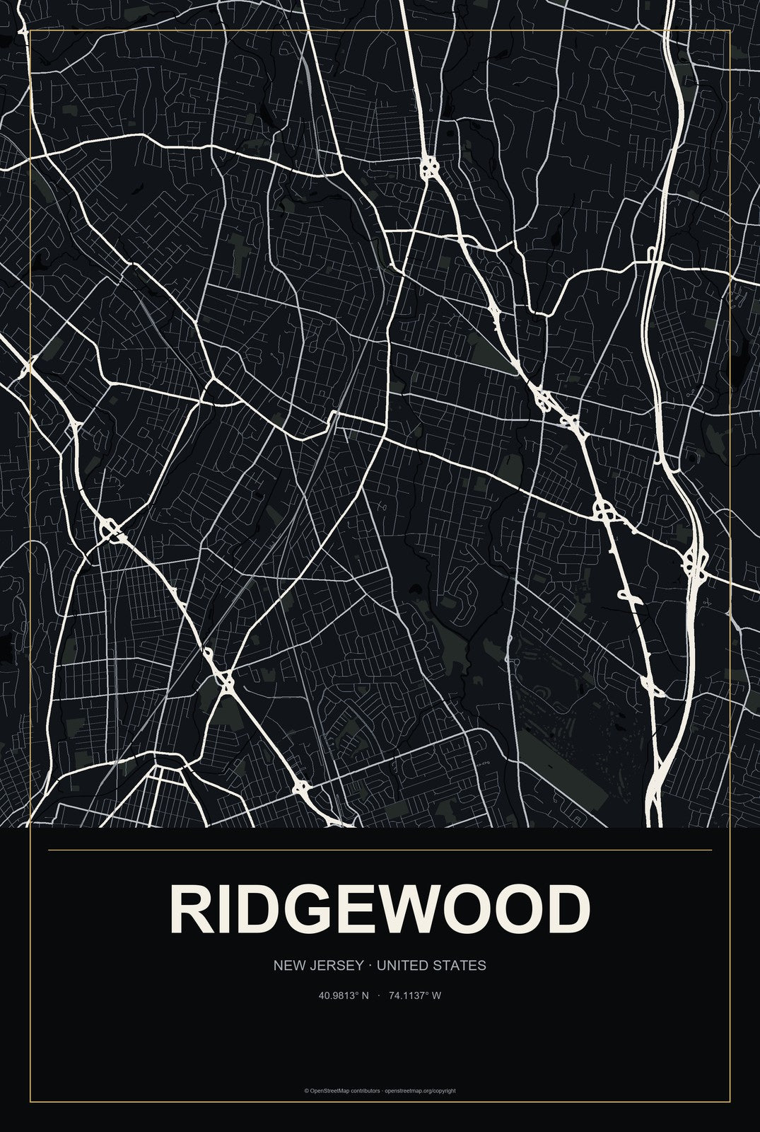 Ridgewood, New Jersey City Map Aluminum Sign in Metropolitan Noir style