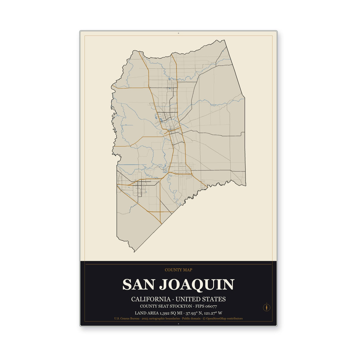 San Joaquin County, California Map Aluminum Sign in Museum Plaque style