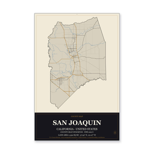 San Joaquin County, California Map Aluminum Sign in Museum Plaque style