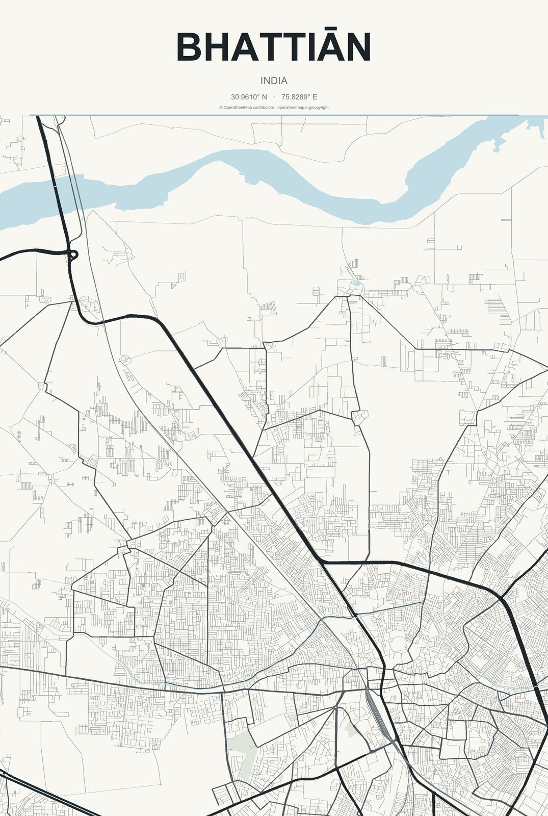 Bhattiān, India City Map Aluminum Sign in Headline Atlas style