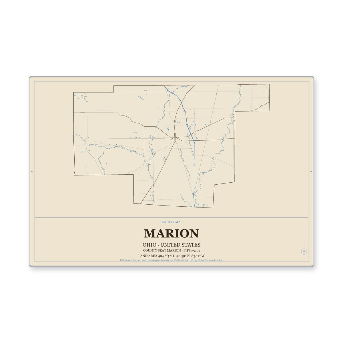 Marion County, Ohio Map Aluminum Sign in Heritage Nautical style
