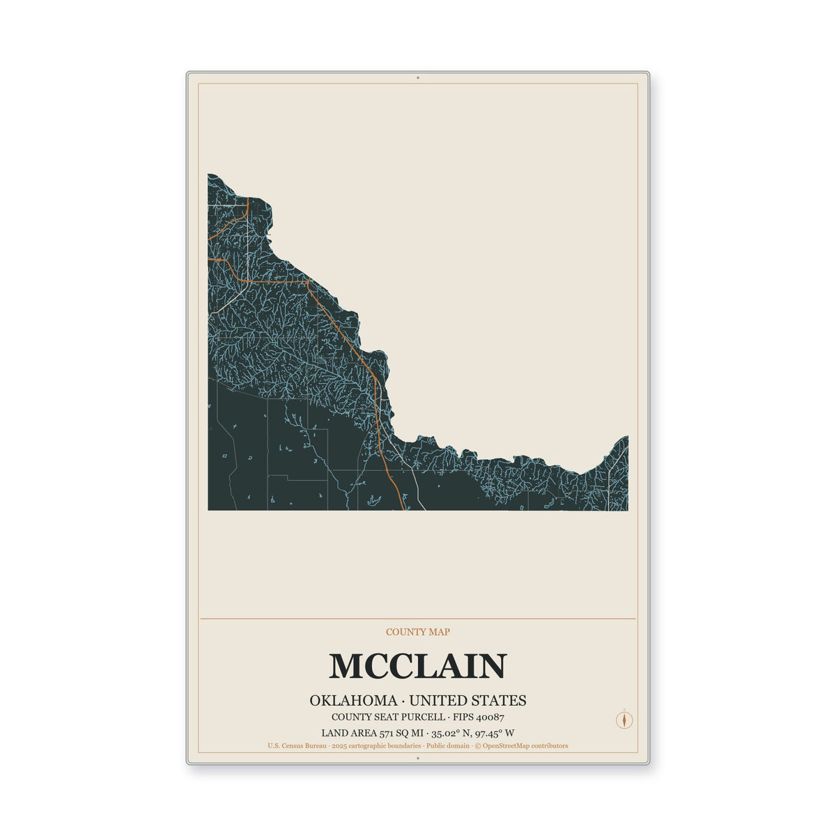 McClain County, Oklahoma Map Aluminum Sign in Headline Atlas style