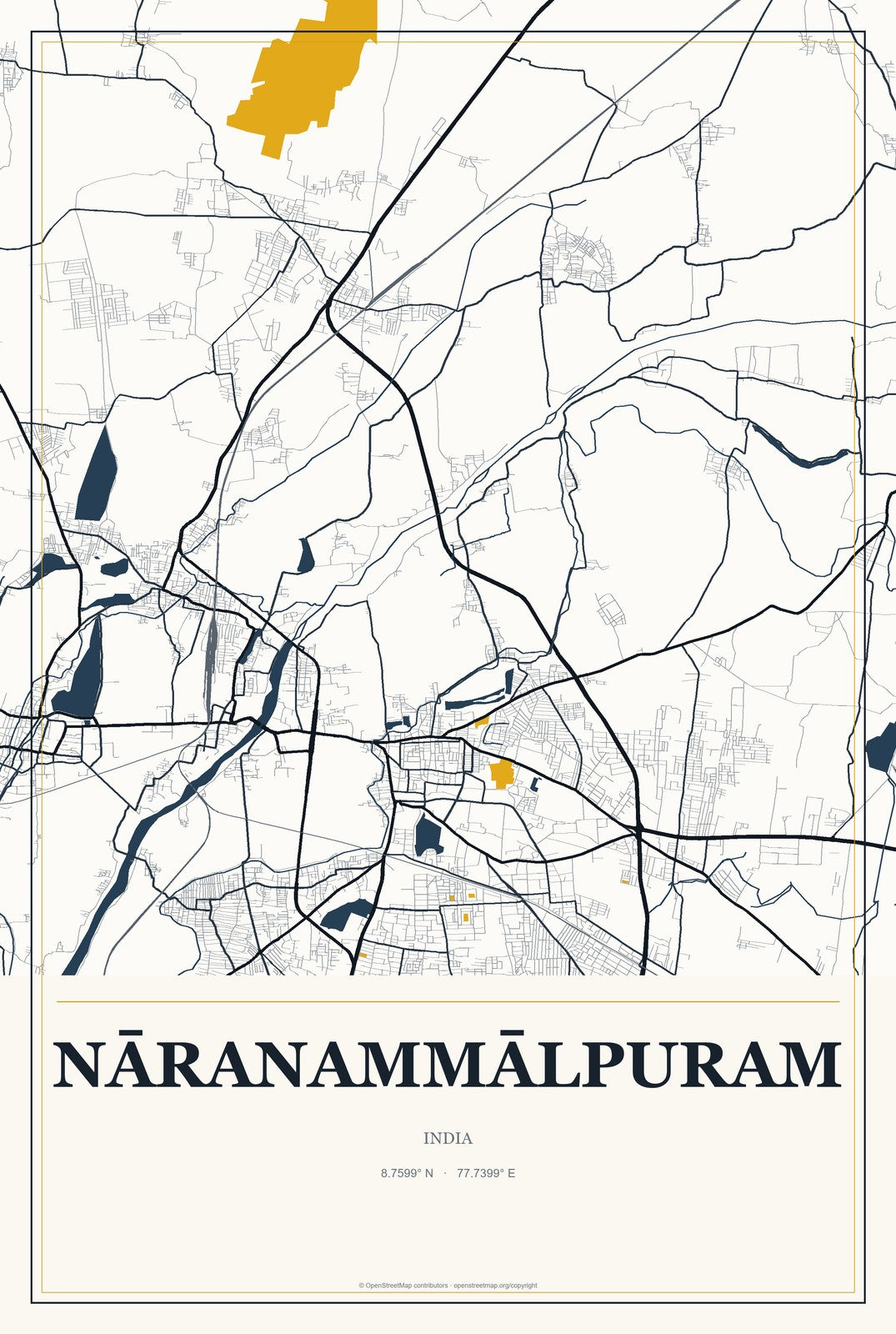 Nāranammālpuram, India City Map Aluminum Sign in Citrine Modern style