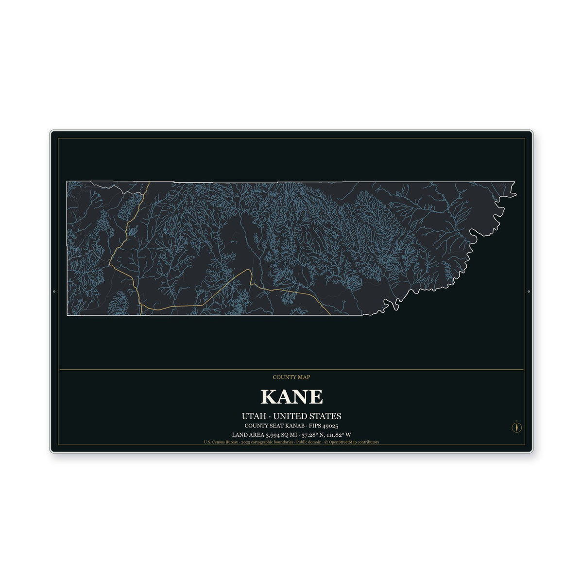 Kane County, Utah Map Aluminum Sign in Metropolitan Noir style