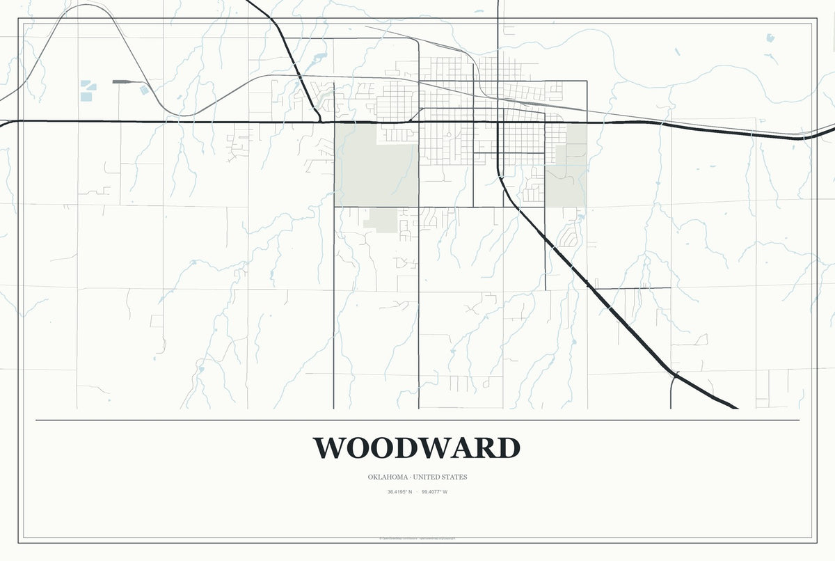 Woodward, Oklahoma City Map Aluminum Sign in Gallery Air style