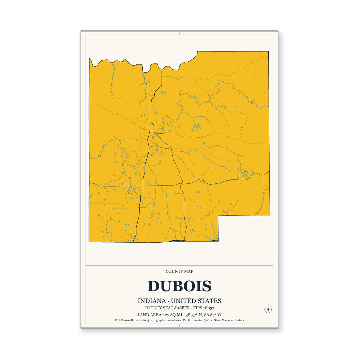 Dubois County, Indiana Map Aluminum Sign in Citrine Modern style