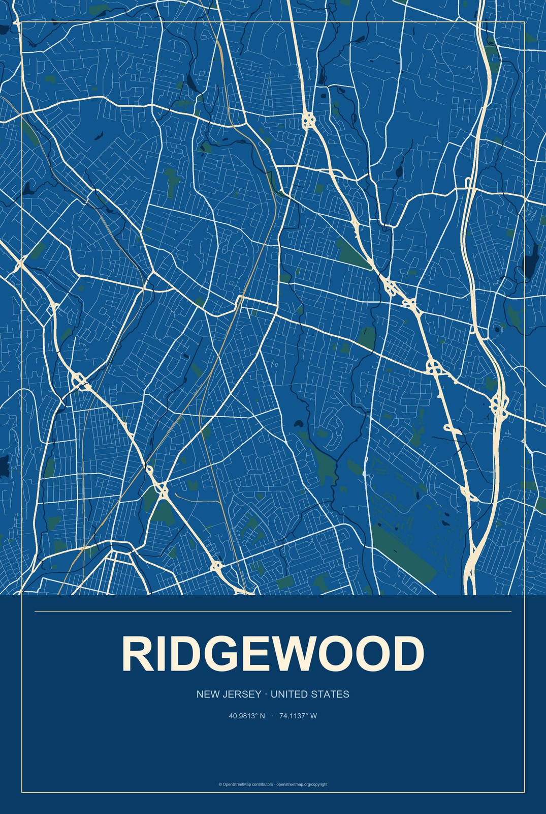 Ridgewood, New Jersey City Map Aluminum Sign in Harbor Cobalt style