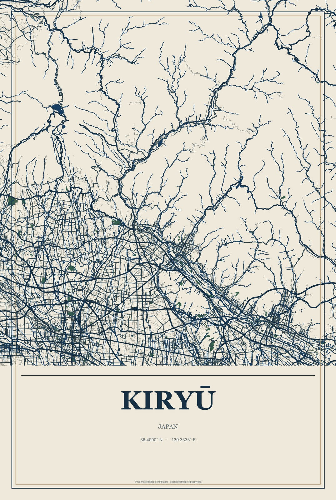 Kiryū, Japan City Map Aluminum Sign in Coastal Cutout style