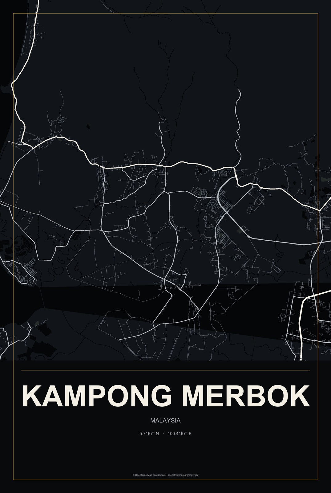 Kampong Merbok, Malaysia City Map Aluminum Sign in Metropolitan Noir style