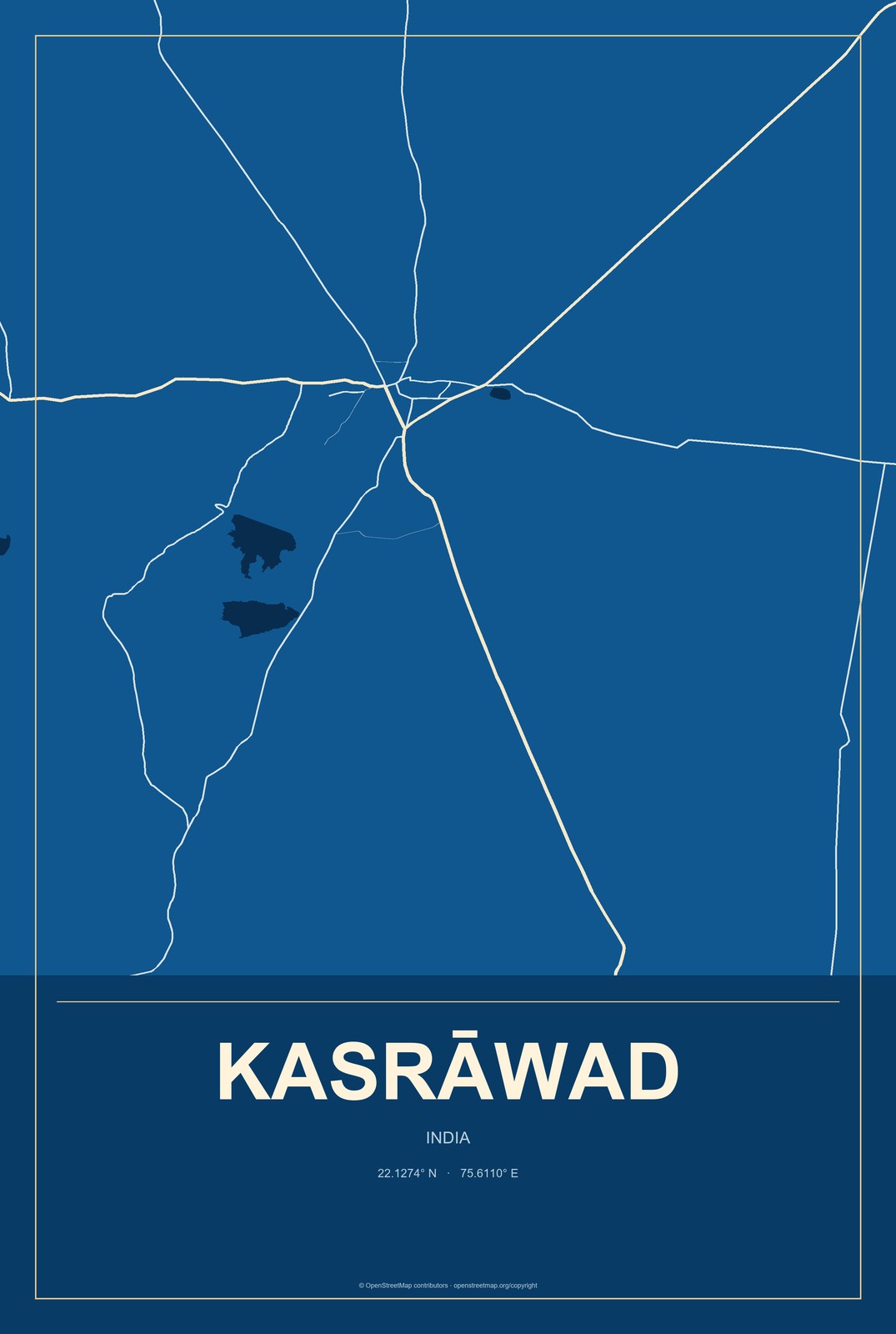Kasrāwad, India City Map Aluminum Sign in Harbor Cobalt style