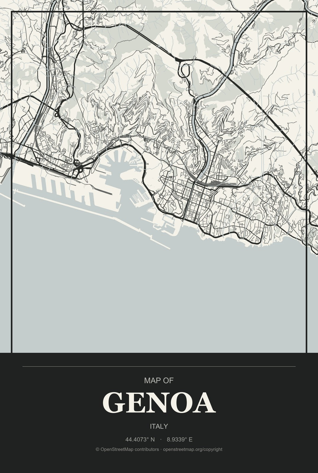 Genoa, Italy City Map Aluminum Sign in Museum Plaque style