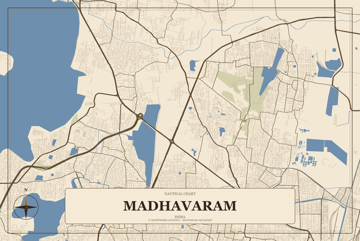 Madhavaram, India City Map Aluminum Sign in Heritage Nautical style