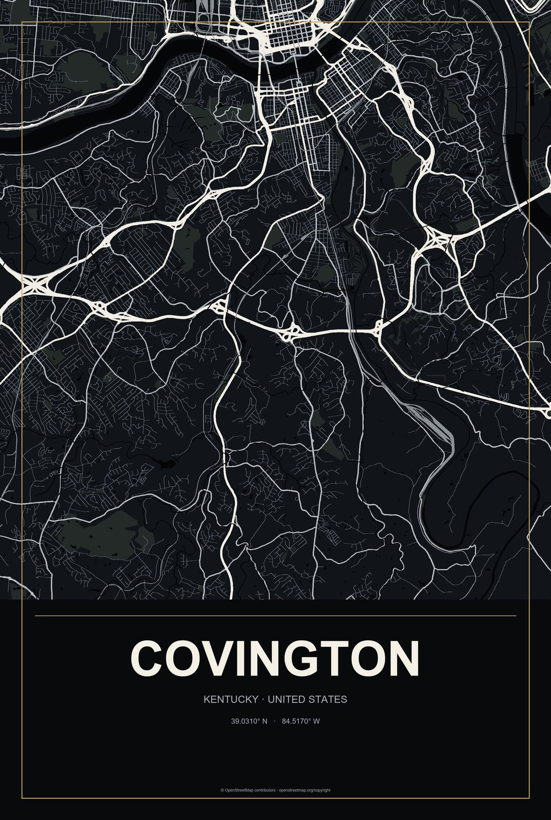 Covington, Kentucky City Map Aluminum Sign in Metropolitan Noir style