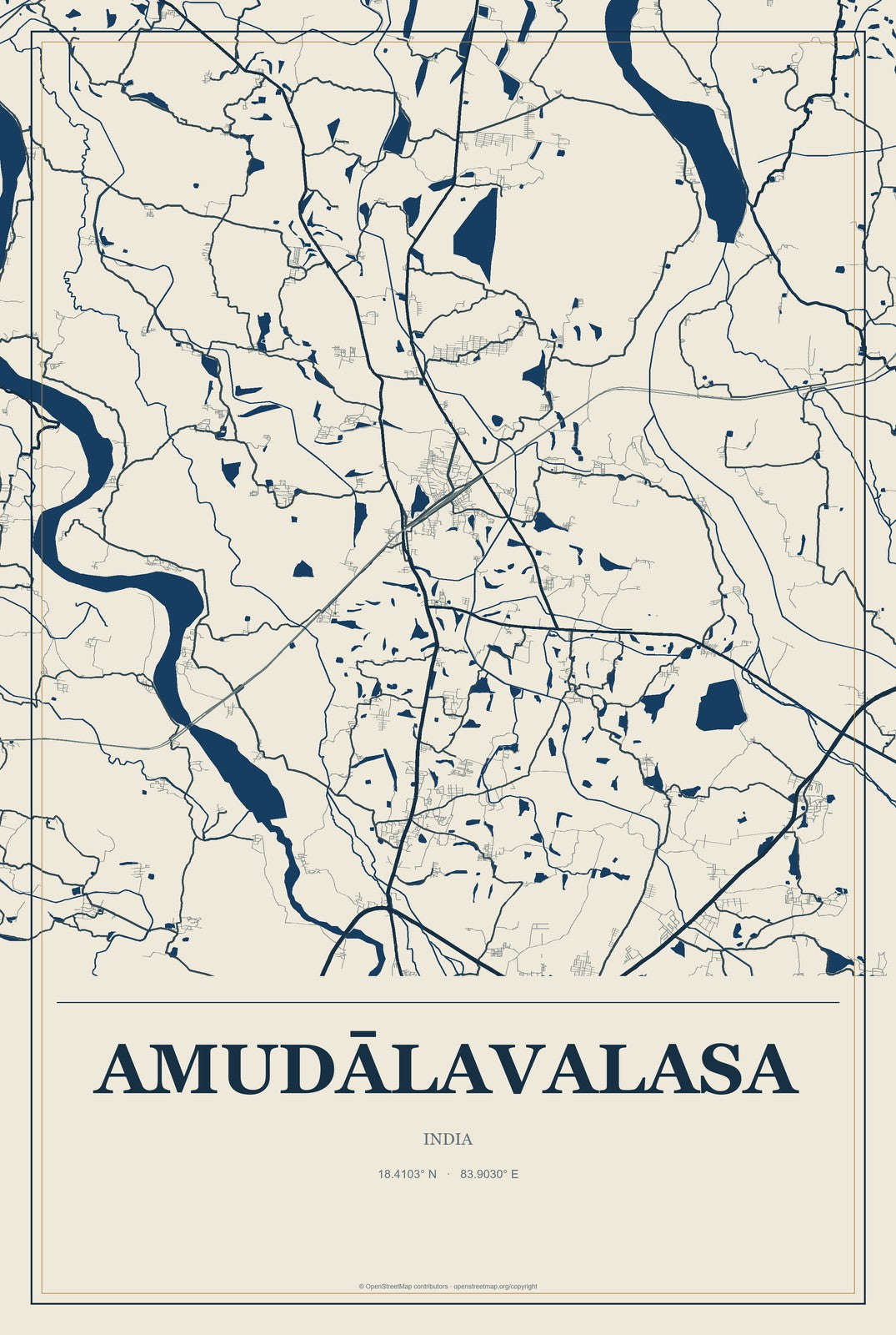 Amudālavalasa, India City Map Aluminum Sign in Coastal Cutout style