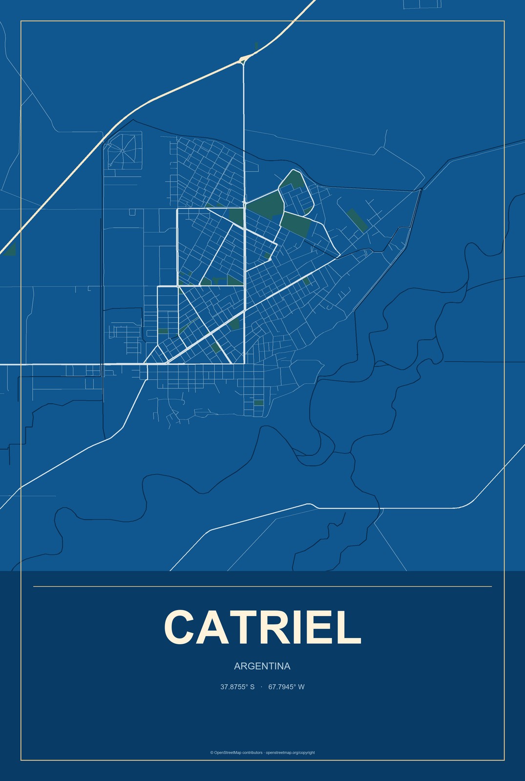 Catriel, Argentina City Map Aluminum Sign in Harbor Cobalt style