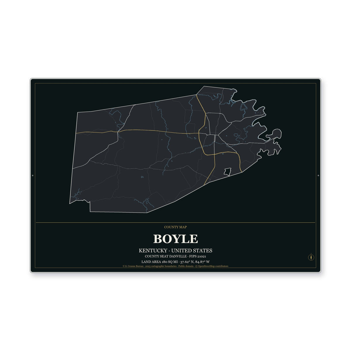 Boyle County, Kentucky Map Aluminum Sign in Metropolitan Noir style