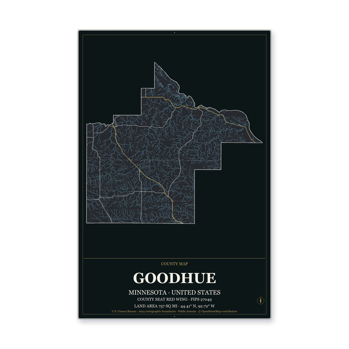 Goodhue County, Minnesota Map Aluminum Sign in Metropolitan Noir style