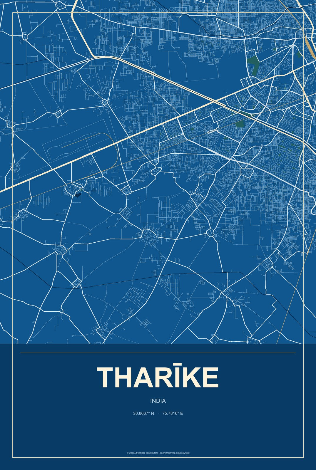 Tharīke, India City Map Aluminum Sign in Harbor Cobalt style