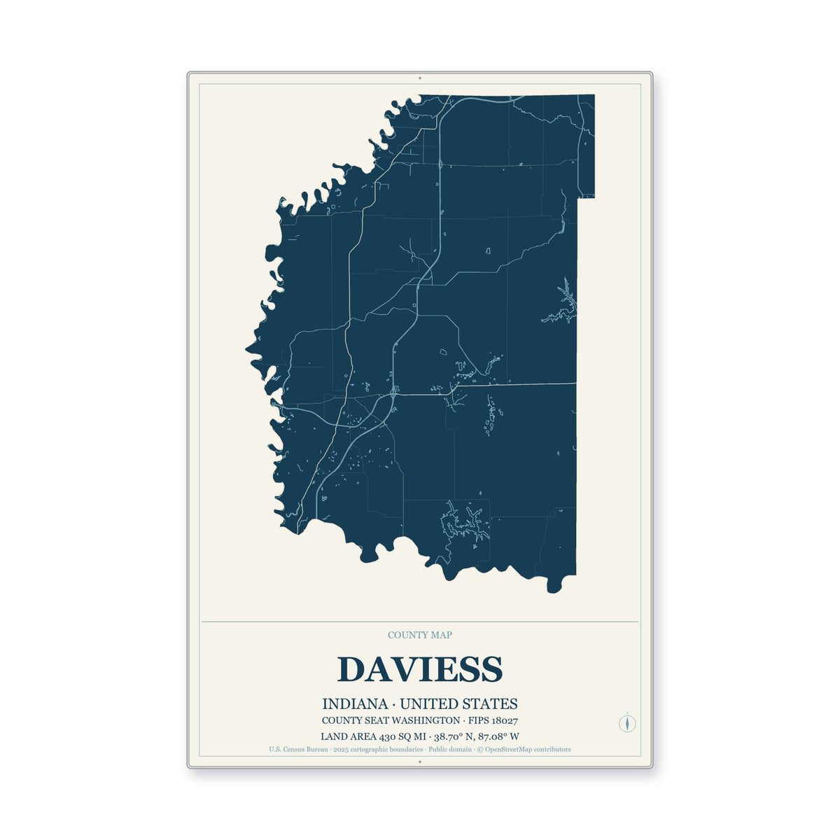 Daviess County, Indiana Map Aluminum Sign in Coastal Cutout style