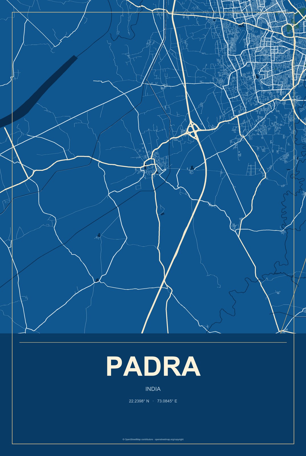 Padra, India City Map Aluminum Sign in Harbor Cobalt style