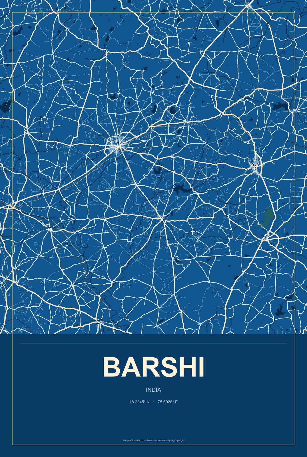 Barshi, India City Map Aluminum Sign in Harbor Cobalt style