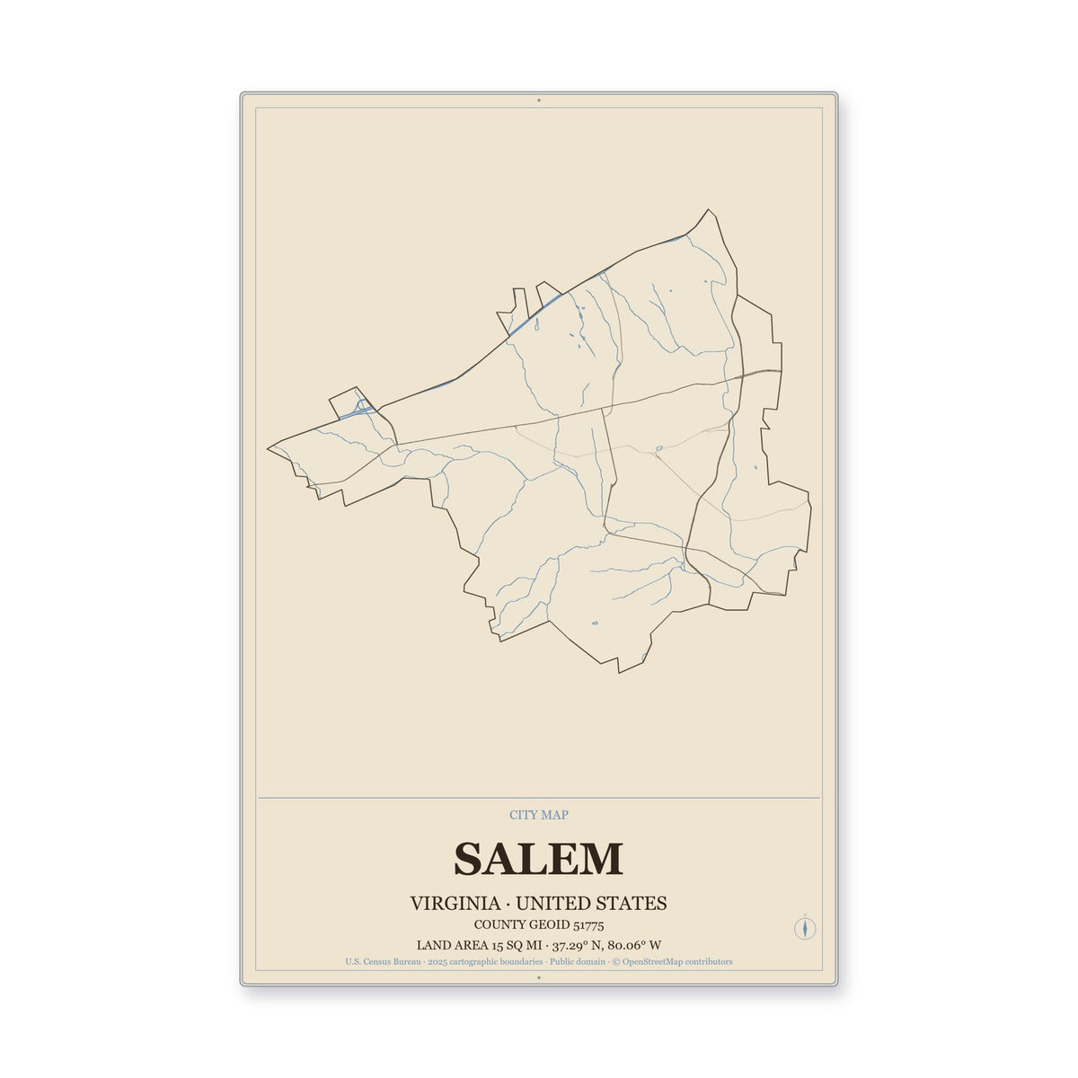 Salem city, Virginia Map Aluminum Sign in Heritage Nautical style