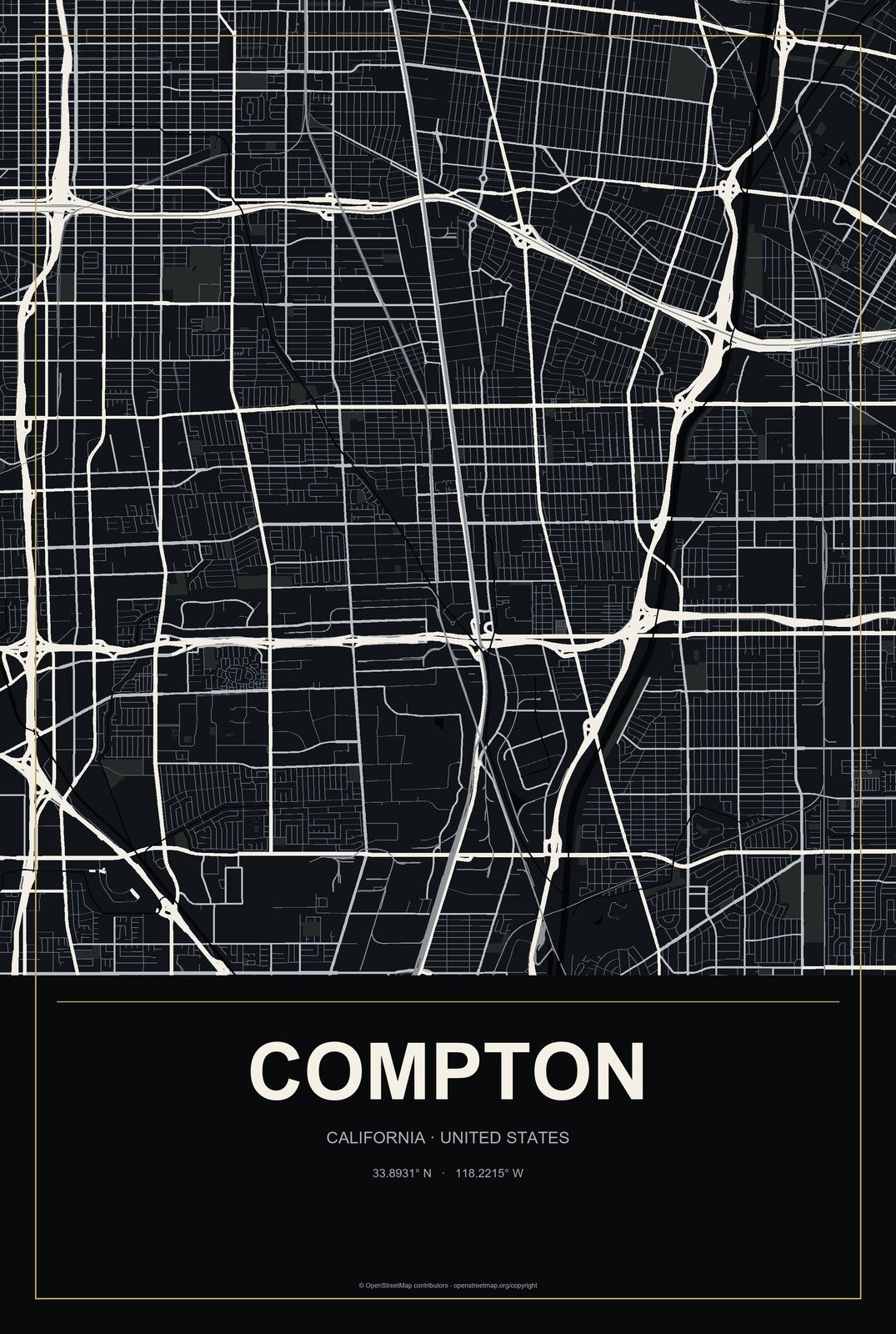 Compton, California City Map Aluminum Sign in Metropolitan Noir style