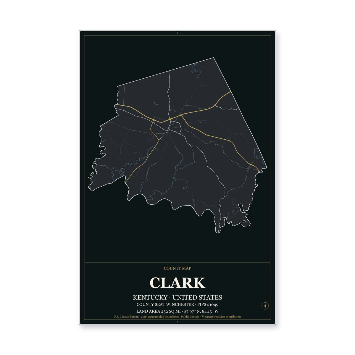 Clark County, Kentucky Map Aluminum Sign in Metropolitan Noir style