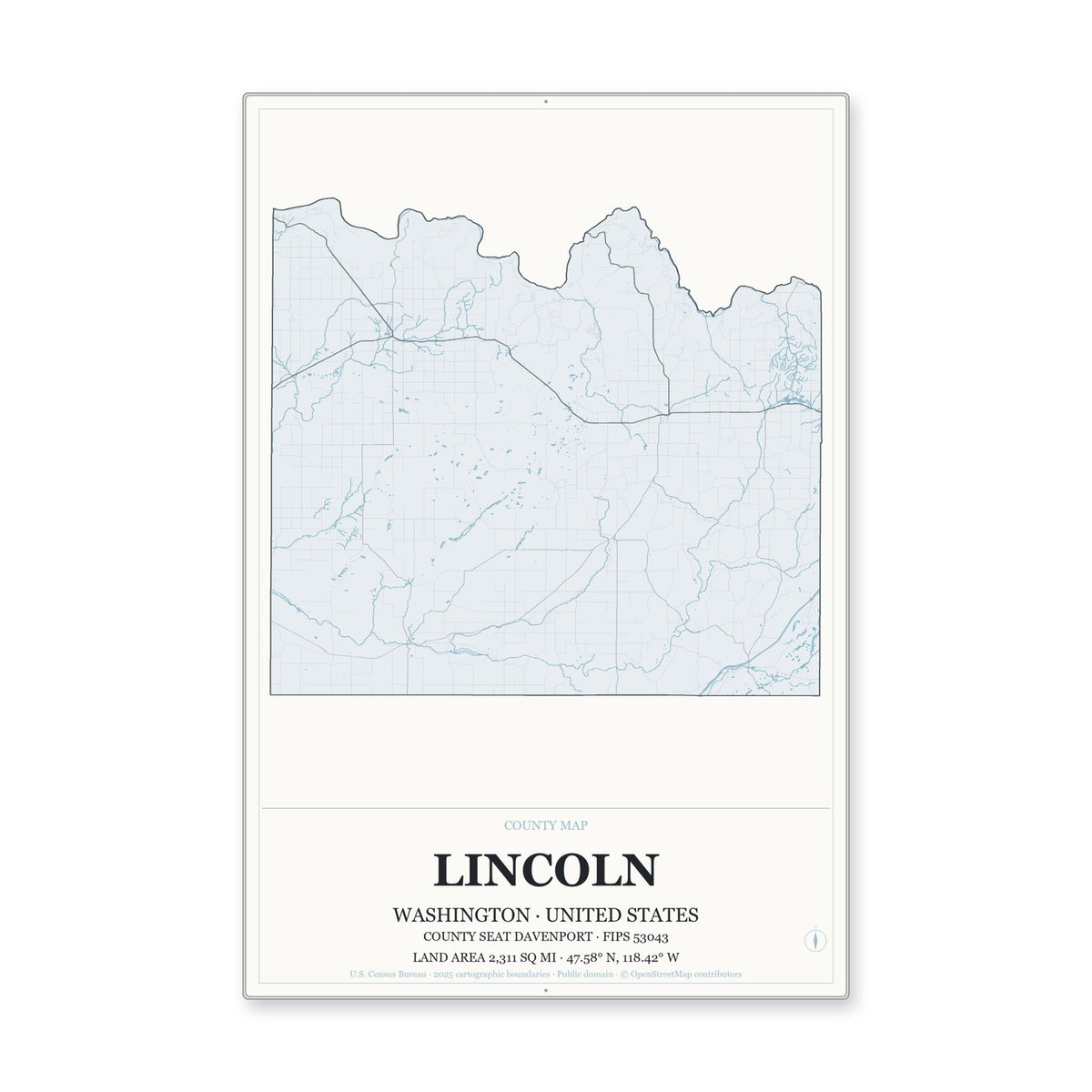 Lincoln County, Washington Map Aluminum Sign in Gallery Air style