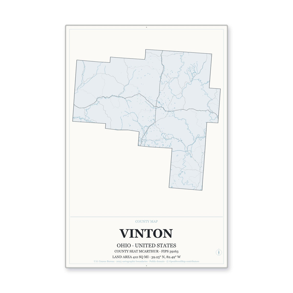 Vinton County, Ohio Map Aluminum Sign in Gallery Air style